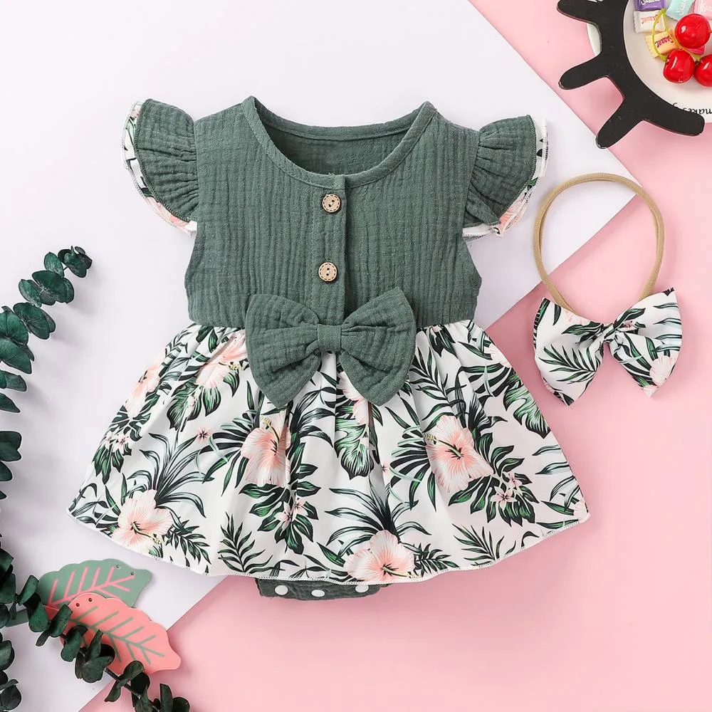 Summer Solid Color Cotton And Linen Ruffled Floral Romper Wholesale Girls Clothes