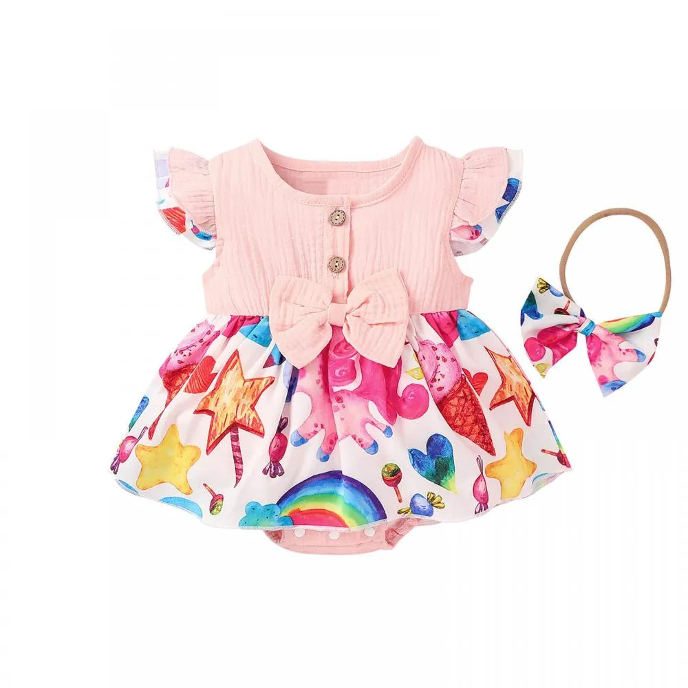 Summer Solid Color Cotton And Linen Ruffled Floral Romper Wholesale Girls Clothes