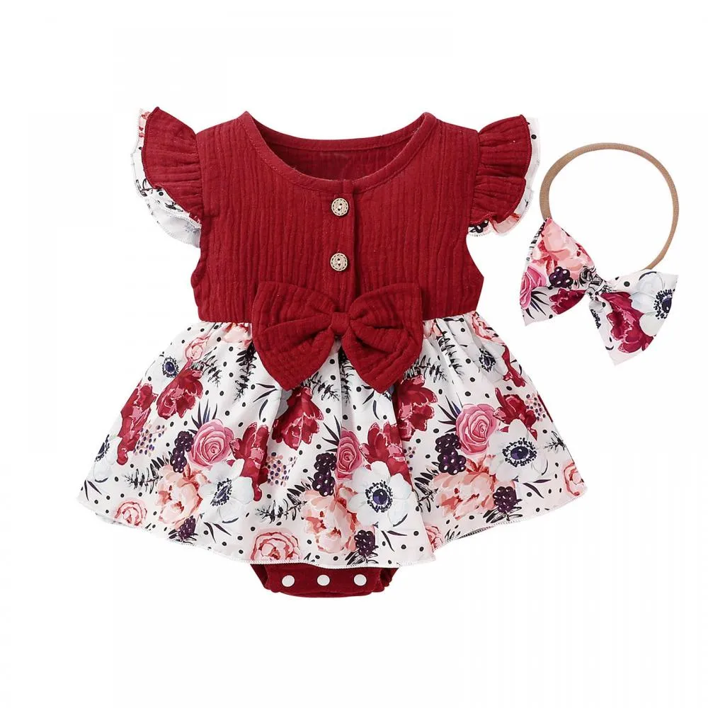 Summer Solid Color Cotton And Linen Ruffled Floral Romper Wholesale Girls Clothes