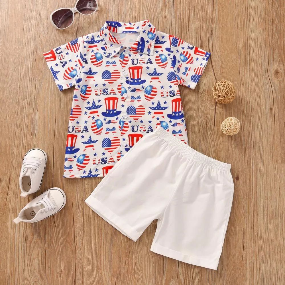 Summer Suit Boy Lapel Short Sleeve Shorts Independence Day Children's Clothing Wholesale Baby Children Clothes