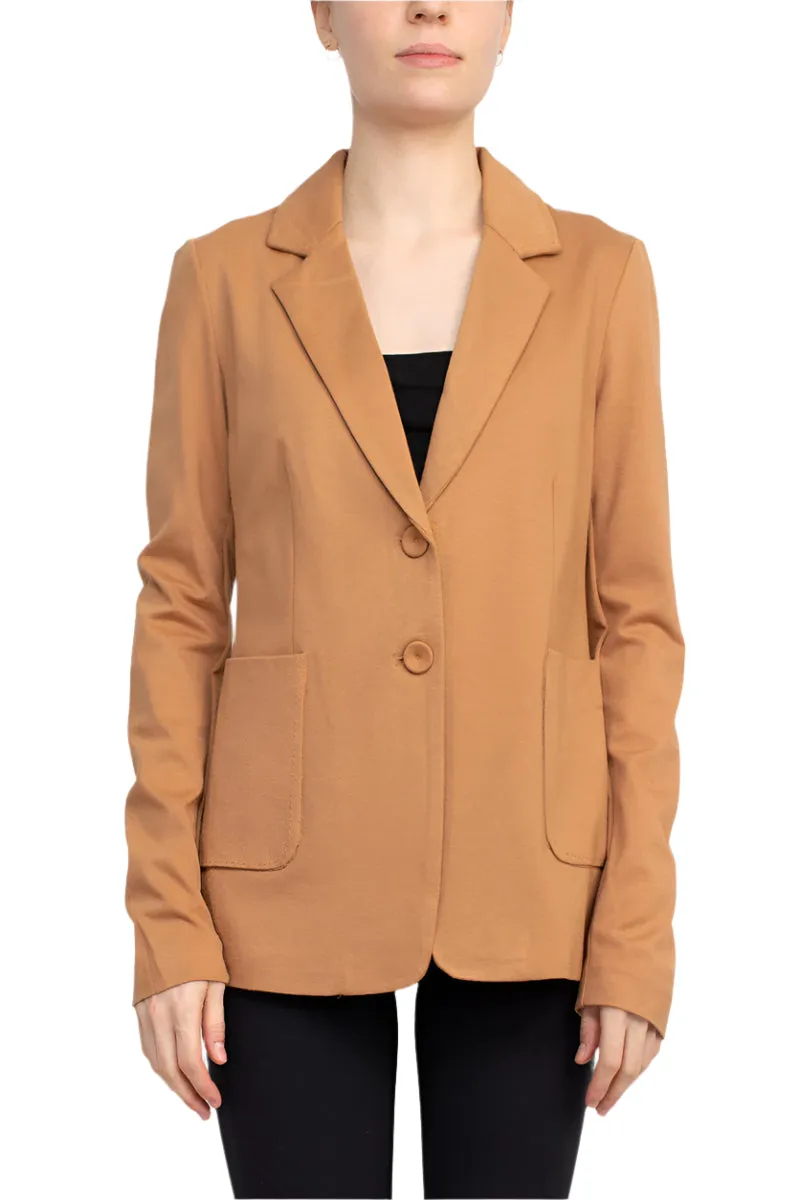 T Tahari Notched Collar Two Button Long Sleeve With Patch Pockets Knit Blazer