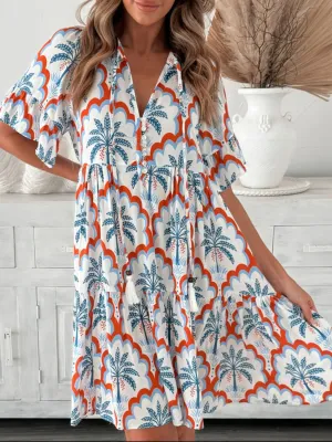 Tassel Printed Tie Neck Half Sleeve Mini Dress