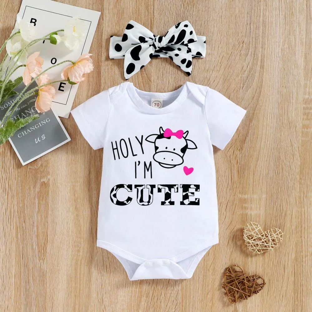 Three-piece Set Of Letter Print Bag Fart Romper Cow Print Flared Trousers Wholesale Baby Clothes