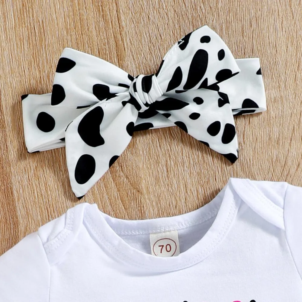 Three-piece Set Of Letter Print Bag Fart Romper Cow Print Flared Trousers Wholesale Baby Clothes