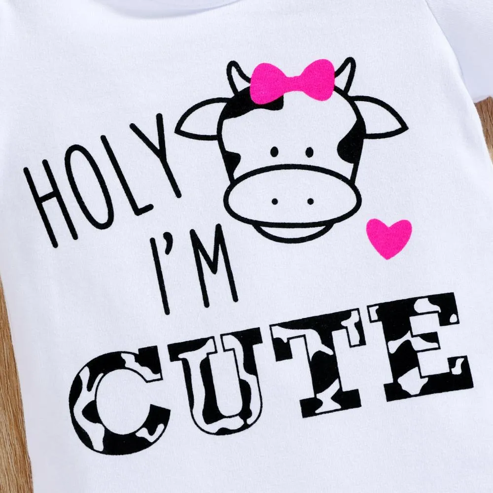 Three-piece Set Of Letter Print Bag Fart Romper Cow Print Flared Trousers Wholesale Baby Clothes