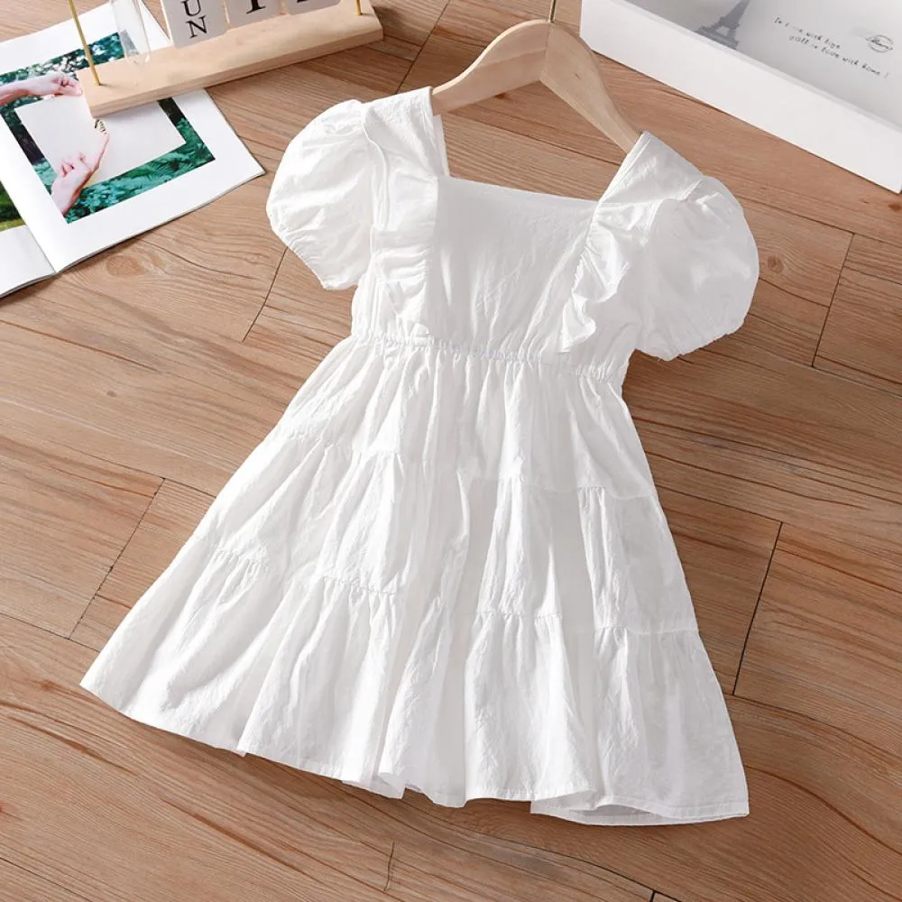 Toddler Girls Dress Summer Short Sleeve Ruffled White Skirt Wholesale Girls Dress