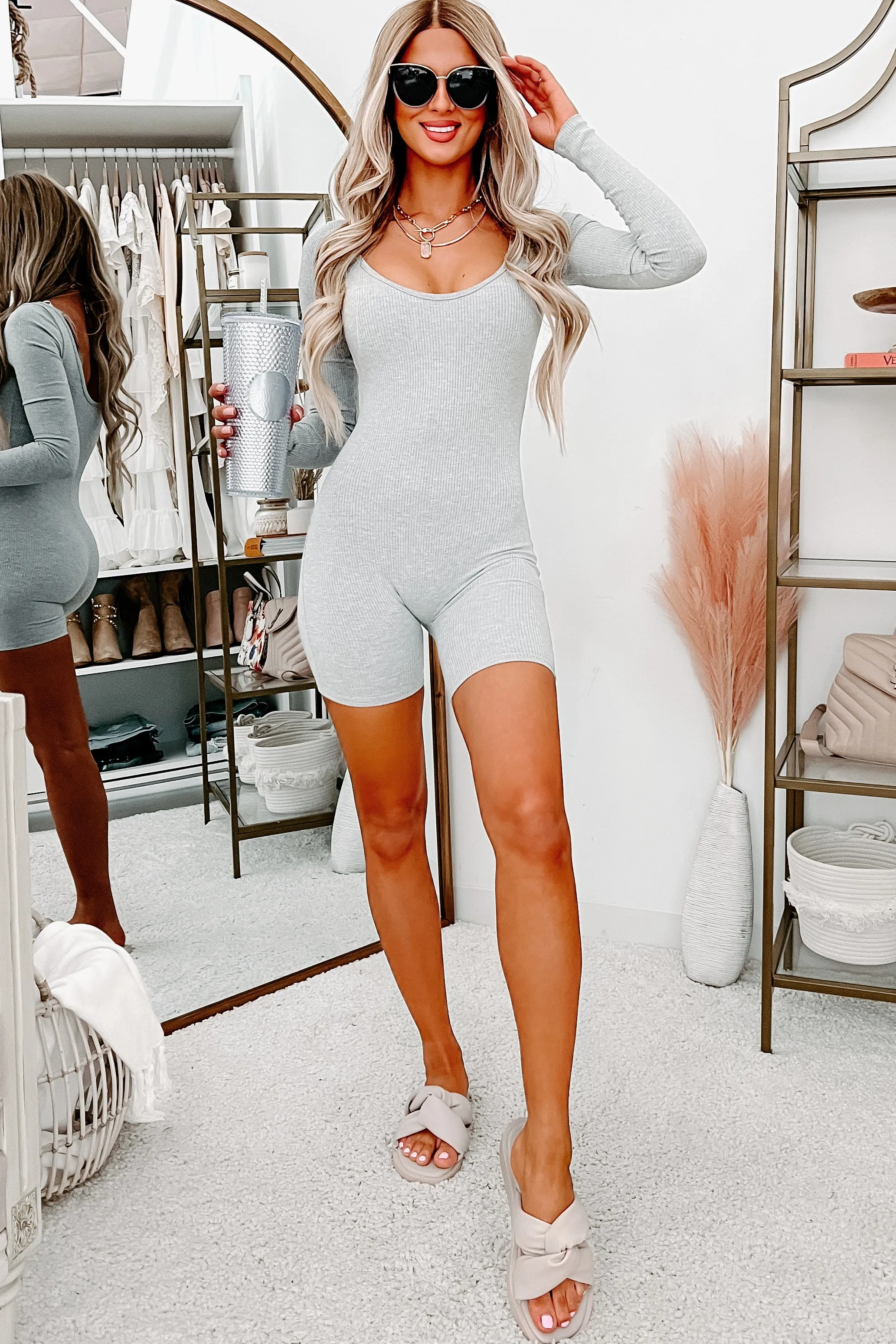 Trendy Girl Ribbed Long Sleeve Romper (Heather Grey)