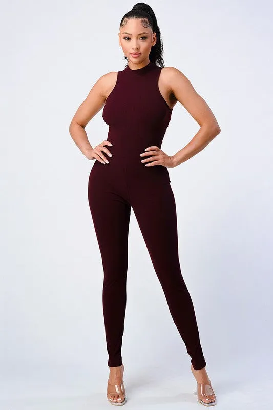 TRENDY STRAP-TIE BACK ZIP-UP BODYCON JUMPSUIT