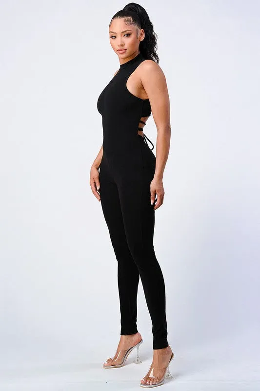 TRENDY STRAP-TIE BACK ZIP-UP BODYCON JUMPSUIT