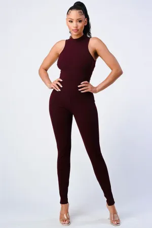 TRENDY STRAP-TIE BACK ZIP-UP BODYCON JUMPSUIT