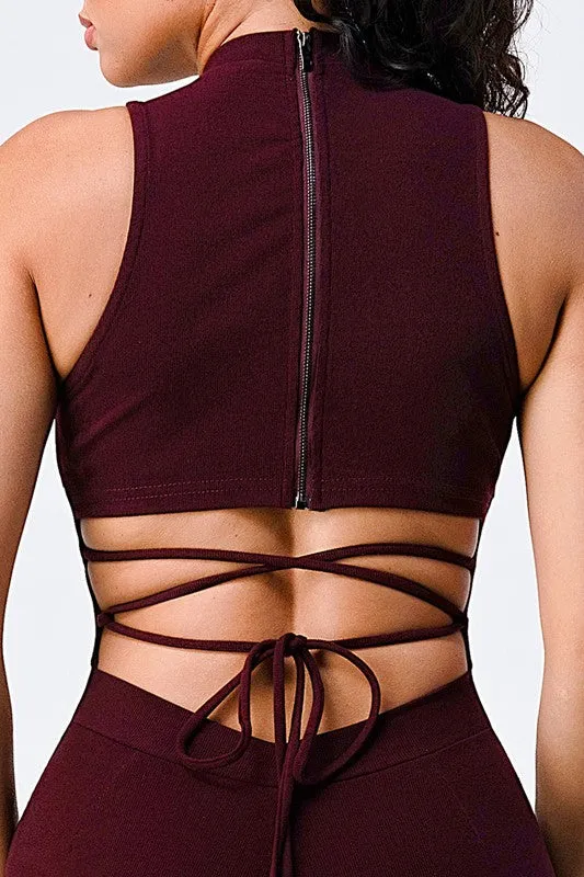 TRENDY STRAP-TIE BACK ZIP-UP BODYCON JUMPSUIT