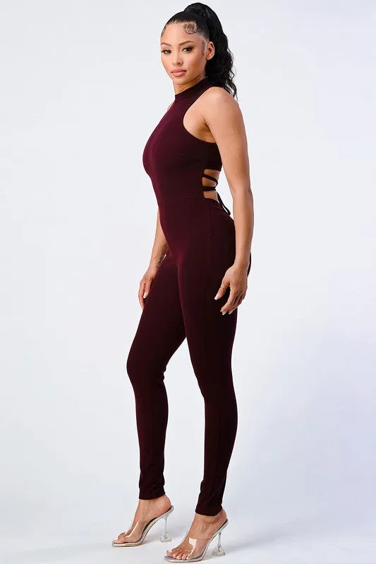 TRENDY STRAP-TIE BACK ZIP-UP BODYCON JUMPSUIT