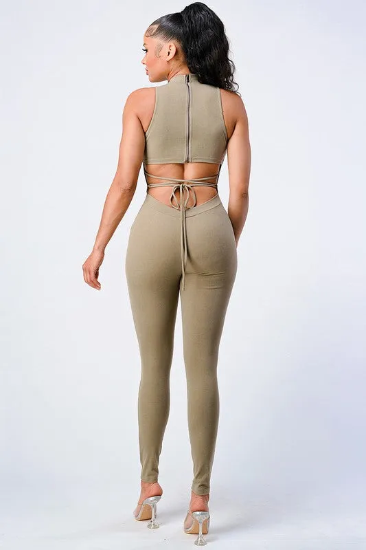 TRENDY STRAP-TIE BACK ZIP-UP BODYCON JUMPSUIT