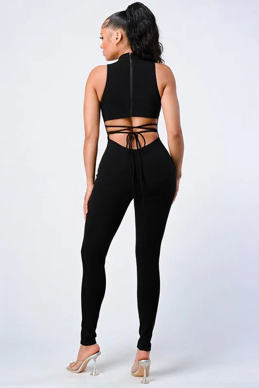 TRENDY STRAP-TIE BACK ZIP-UP BODYCON JUMPSUIT