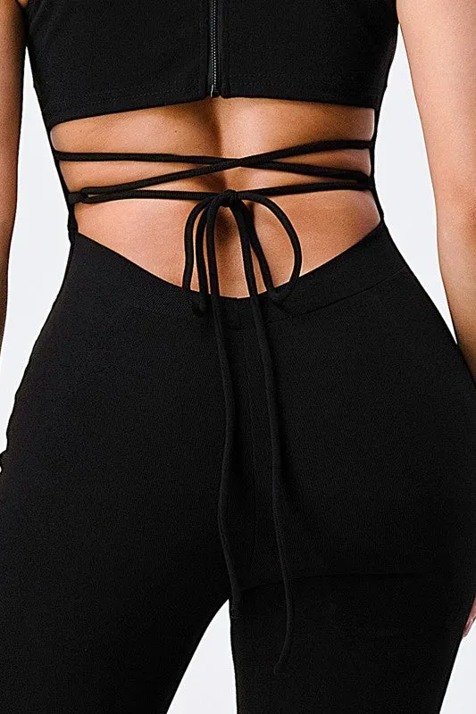 TRENDY STRAP-TIE BACK ZIP-UP BODYCON JUMPSUIT