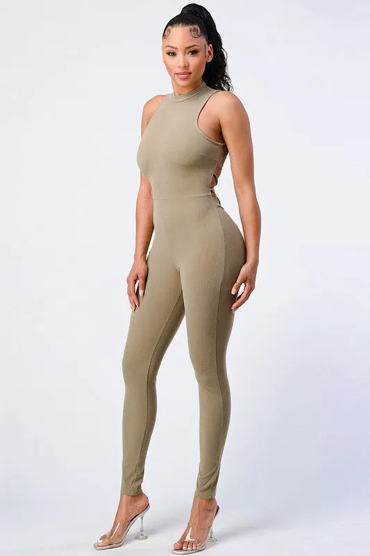 TRENDY STRAP-TIE BACK ZIP-UP BODYCON JUMPSUIT