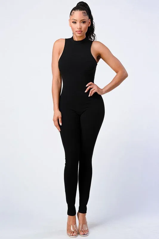 TRENDY STRAP-TIE BACK ZIP-UP BODYCON JUMPSUIT