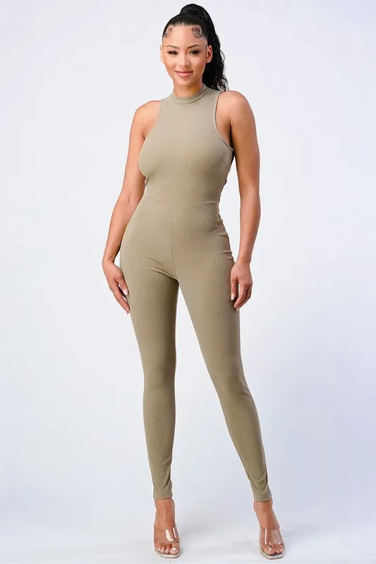 TRENDY STRAP-TIE BACK ZIP-UP BODYCON JUMPSUIT