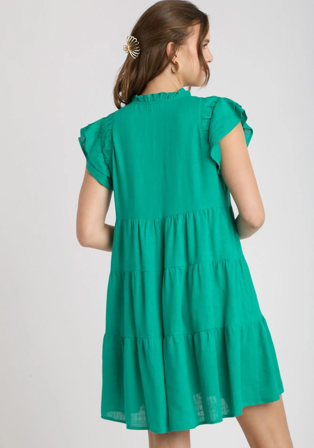 Umgee Linen A-Line Dress in Emerald Green