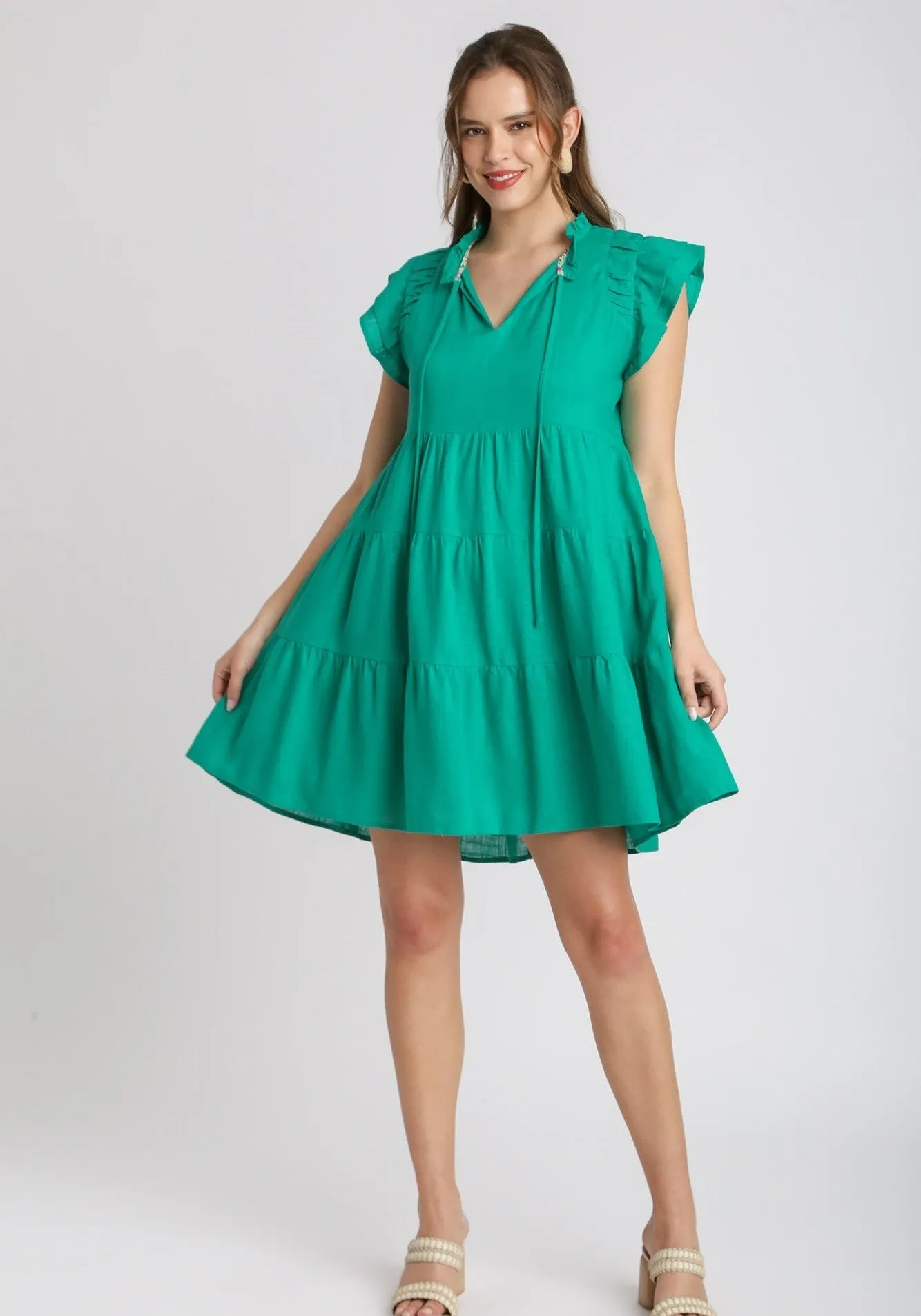 Umgee Linen A-Line Dress in Emerald Green