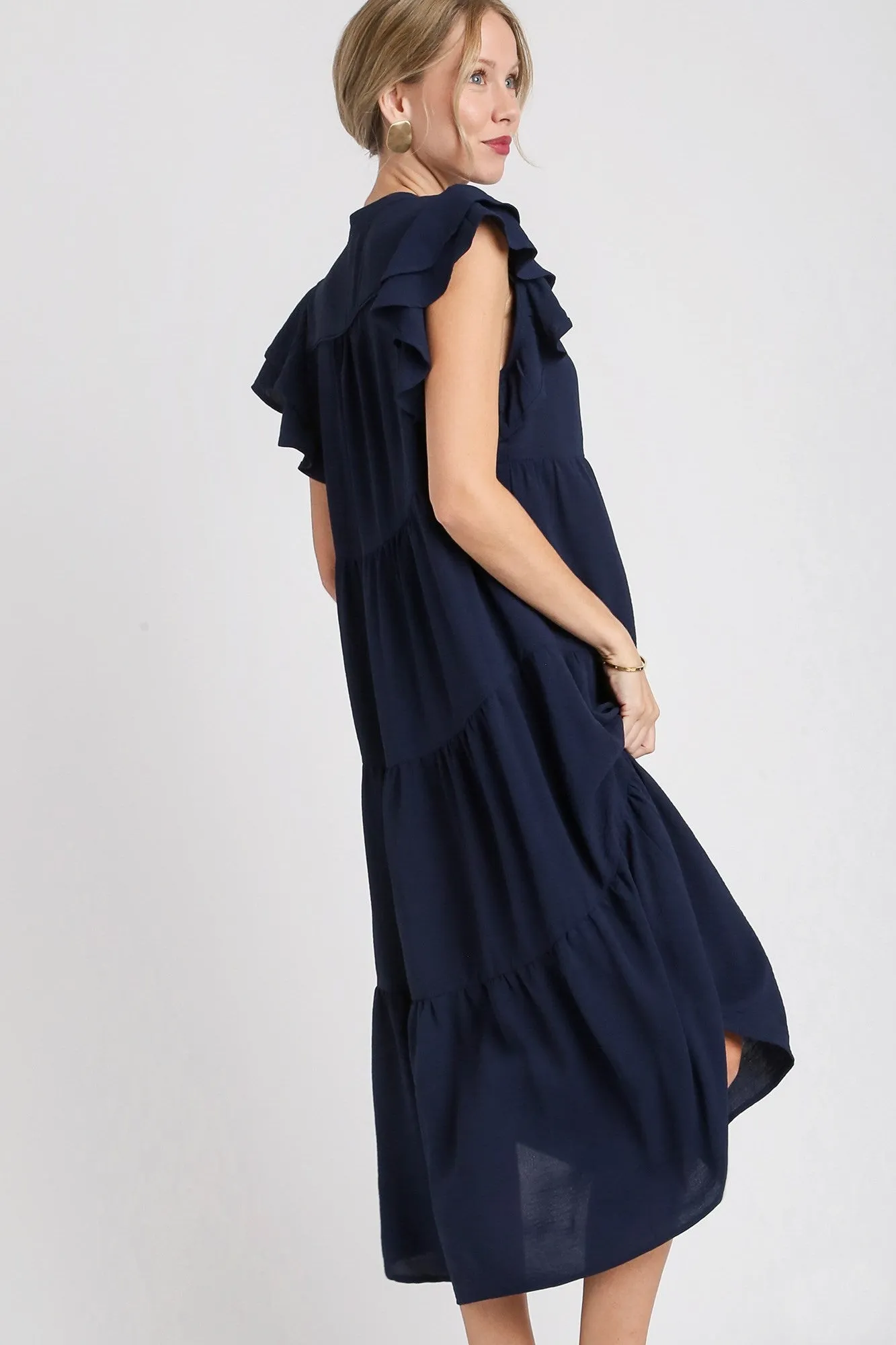 Umgee Split Neck A-Line Tiered Midi Dress in Navy