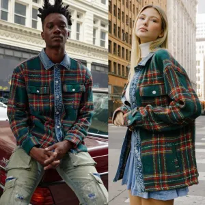 UNISEX FLANNEL SHACKET WITH DENIM CONTRAST