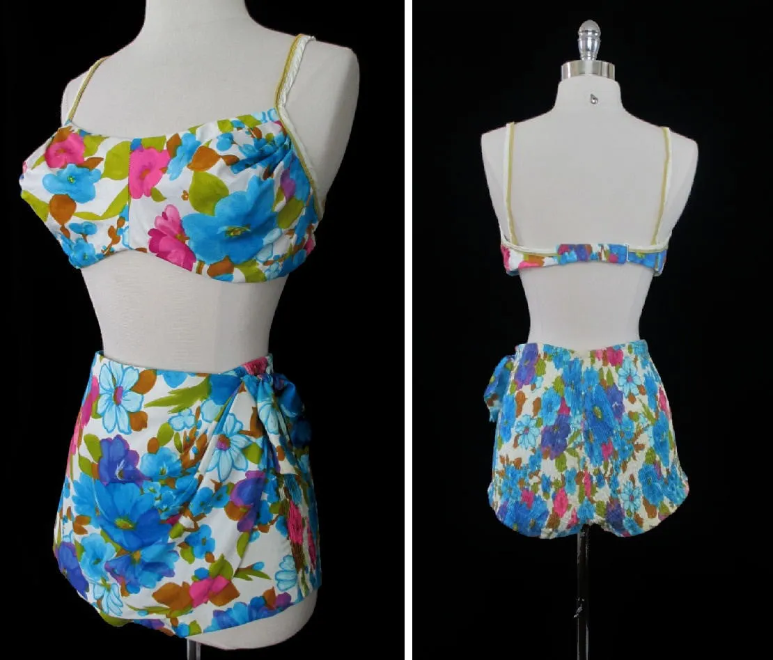 Vintage 60's Bombshell DeWeese Floral Sarong Bullet Bust Bikini L