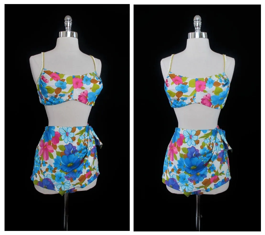 Vintage 60's Bombshell DeWeese Floral Sarong Bullet Bust Bikini L