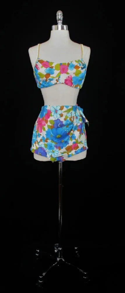 Vintage 60's Bombshell DeWeese Floral Sarong Bullet Bust Bikini L