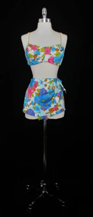 Vintage 60's Bombshell DeWeese Floral Sarong Bullet Bust Bikini L