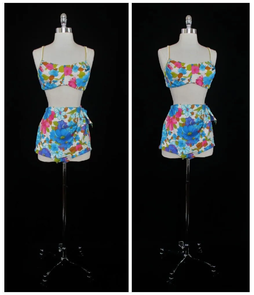Vintage 60's Bombshell DeWeese Floral Sarong Bullet Bust Bikini L