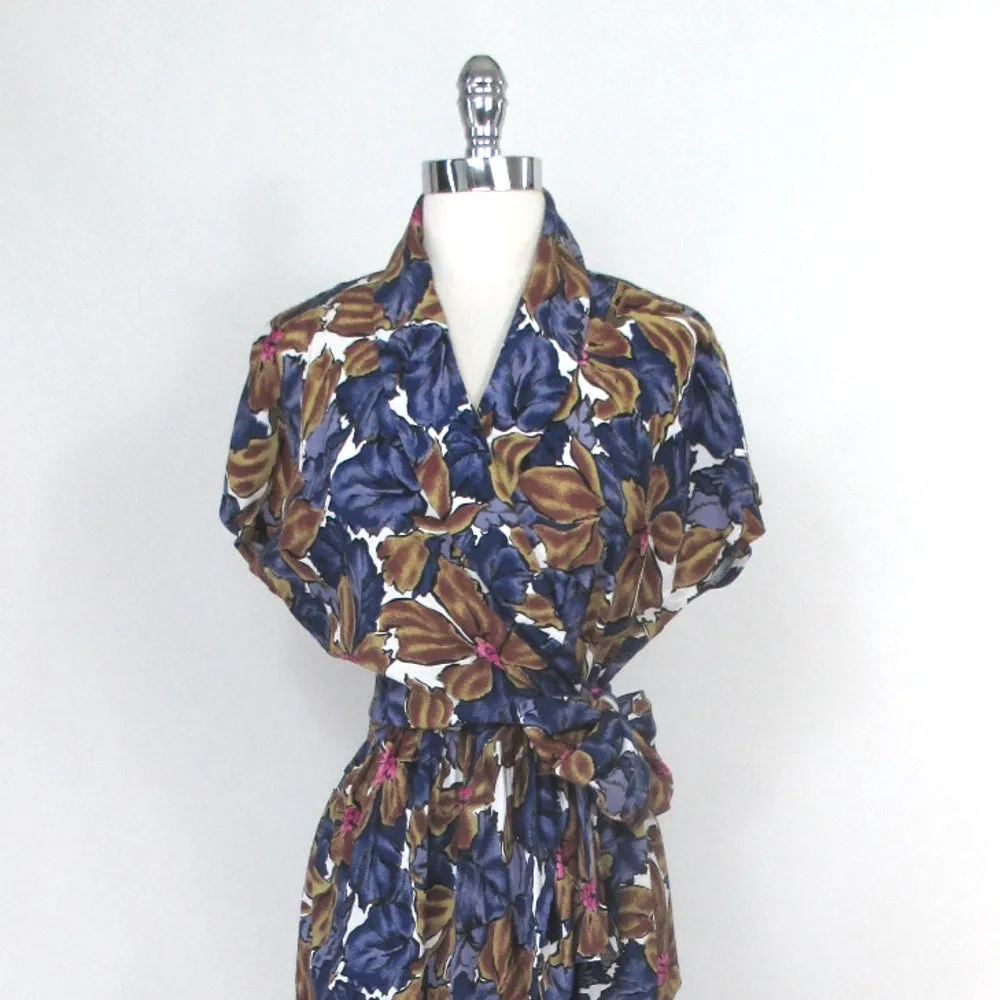 Vintage 80s Floral Sarong Style Tropical Dress M