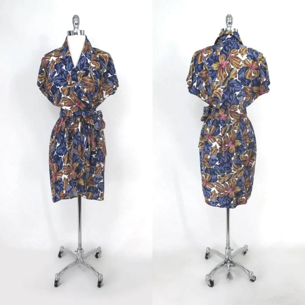 Vintage 80s Floral Sarong Style Tropical Dress M