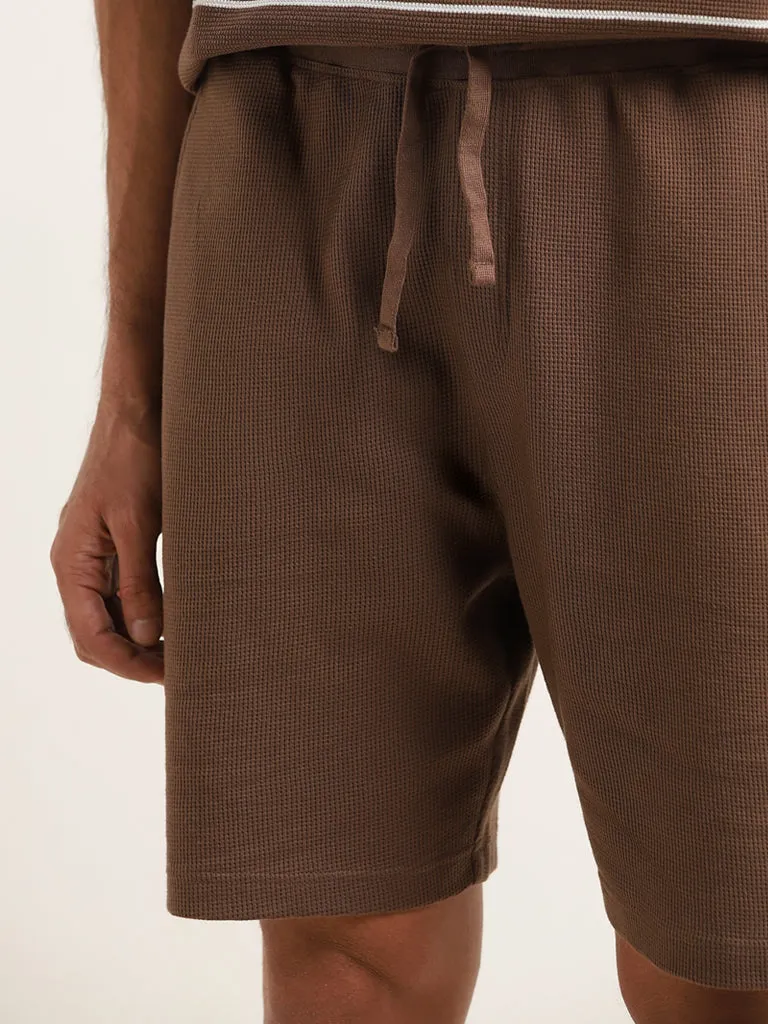 WES Lounge Brown Textured Cotton-Blend Relaxed Fit Shorts
