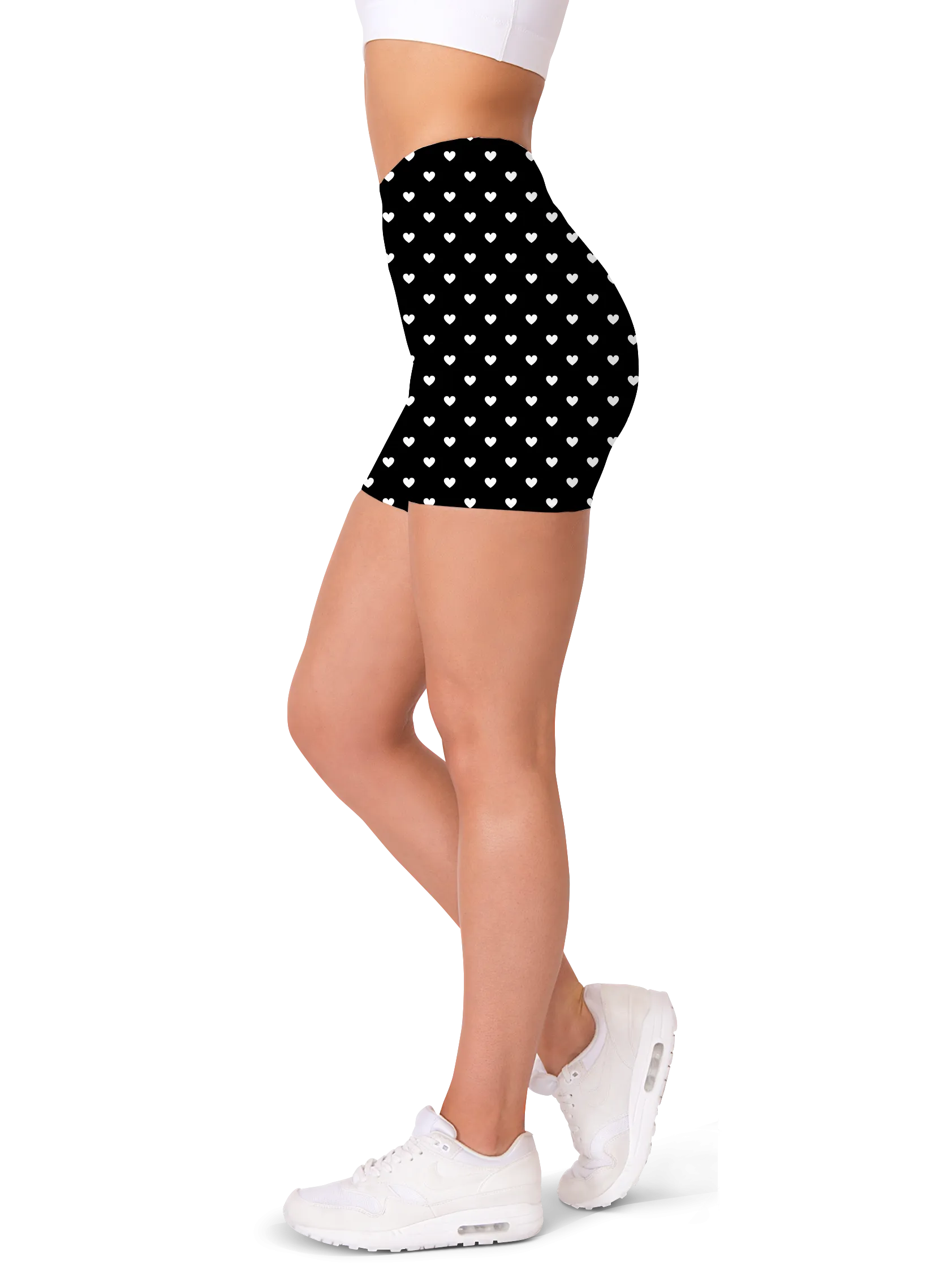 White Mini Hearts Black Yoga Shorts
