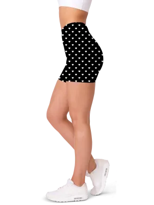 White Mini Hearts Black Yoga Shorts