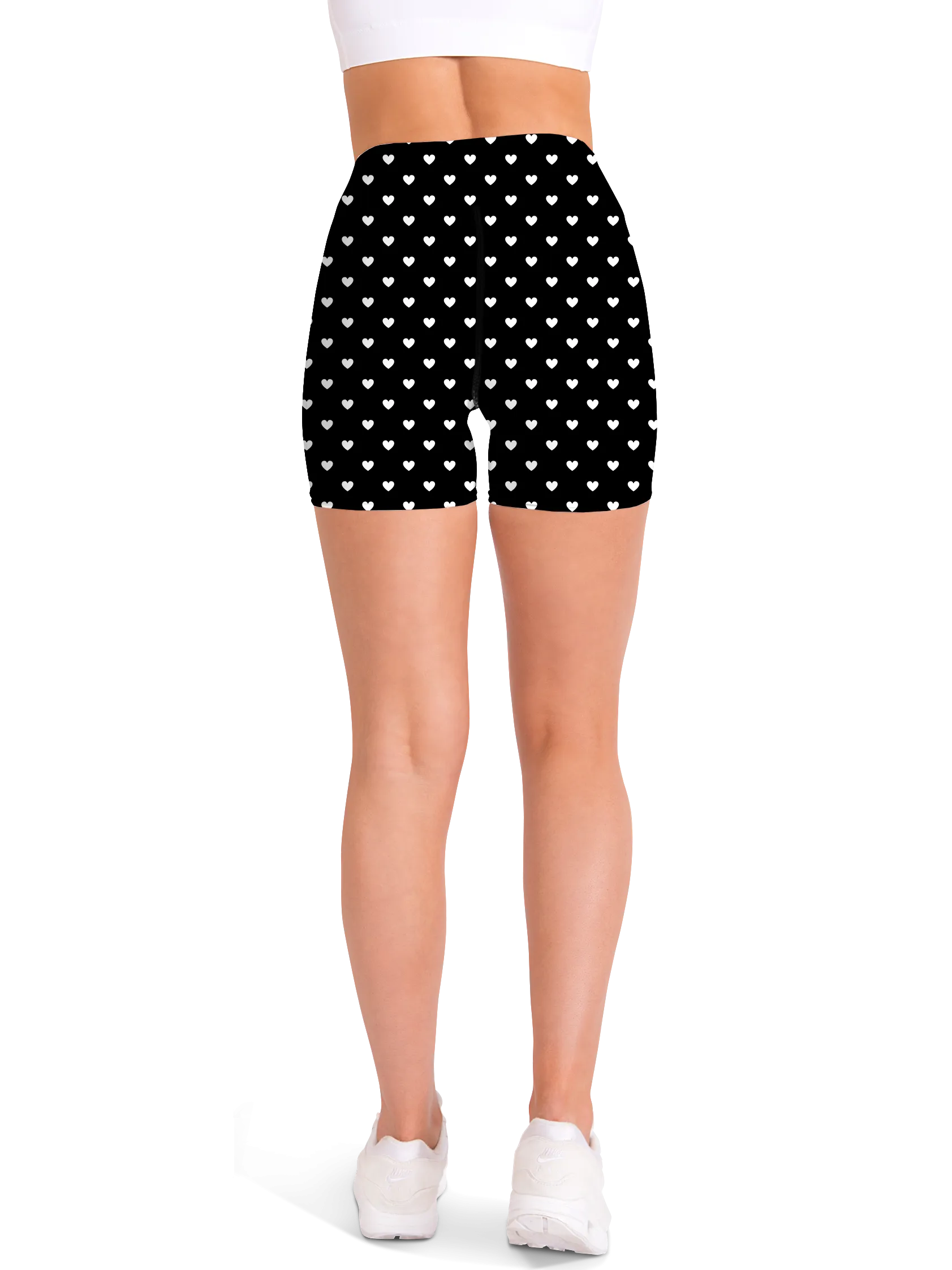 White Mini Hearts Black Yoga Shorts