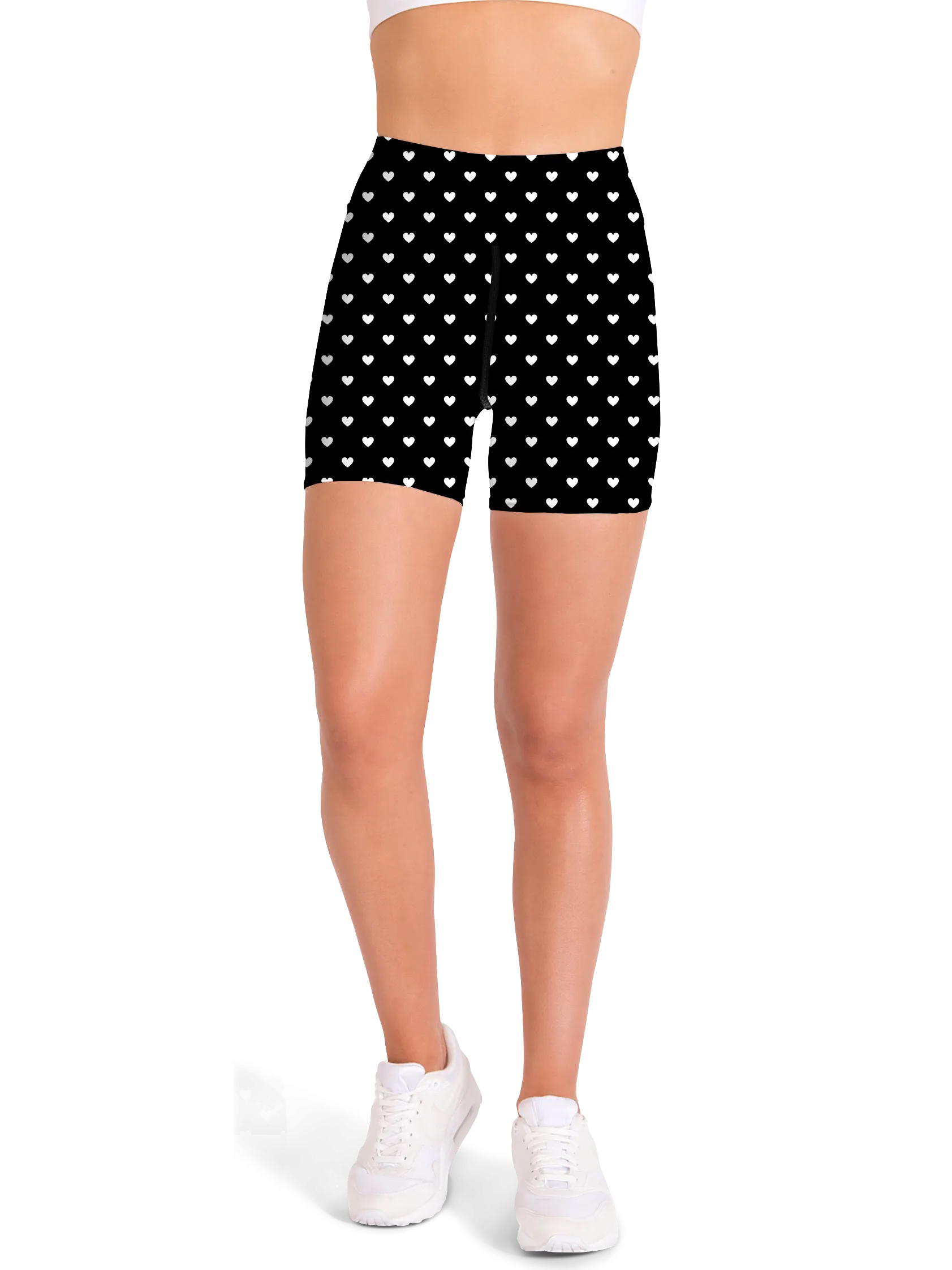 White Mini Hearts Black Yoga Shorts