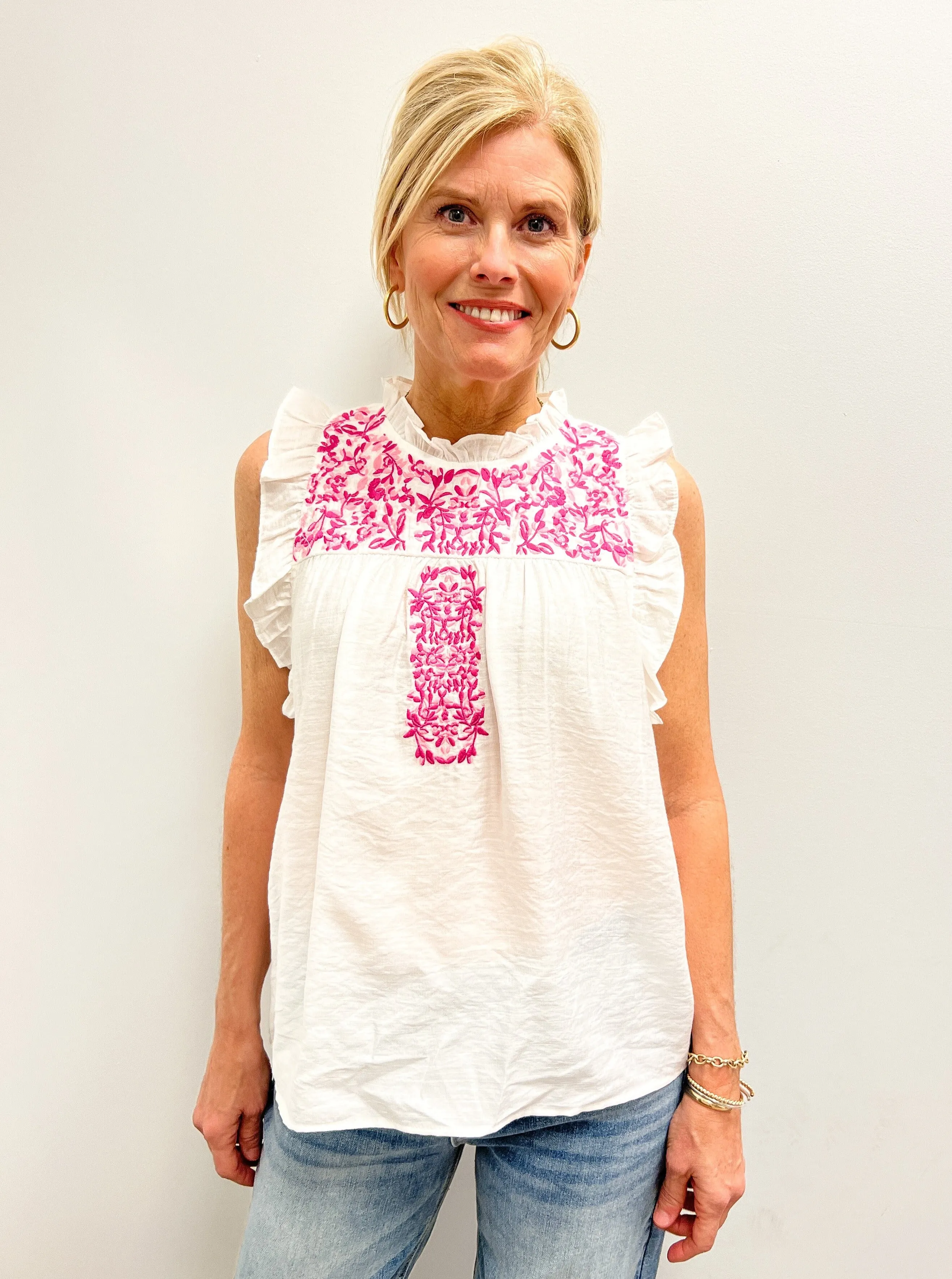 White/ Pink Embroidered Ruffle Slv Top