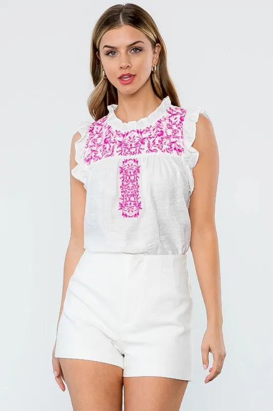White/ Pink Embroidered Ruffle Slv Top