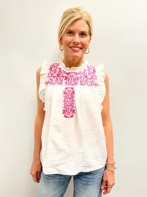 White/ Pink Embroidered Ruffle Slv Top