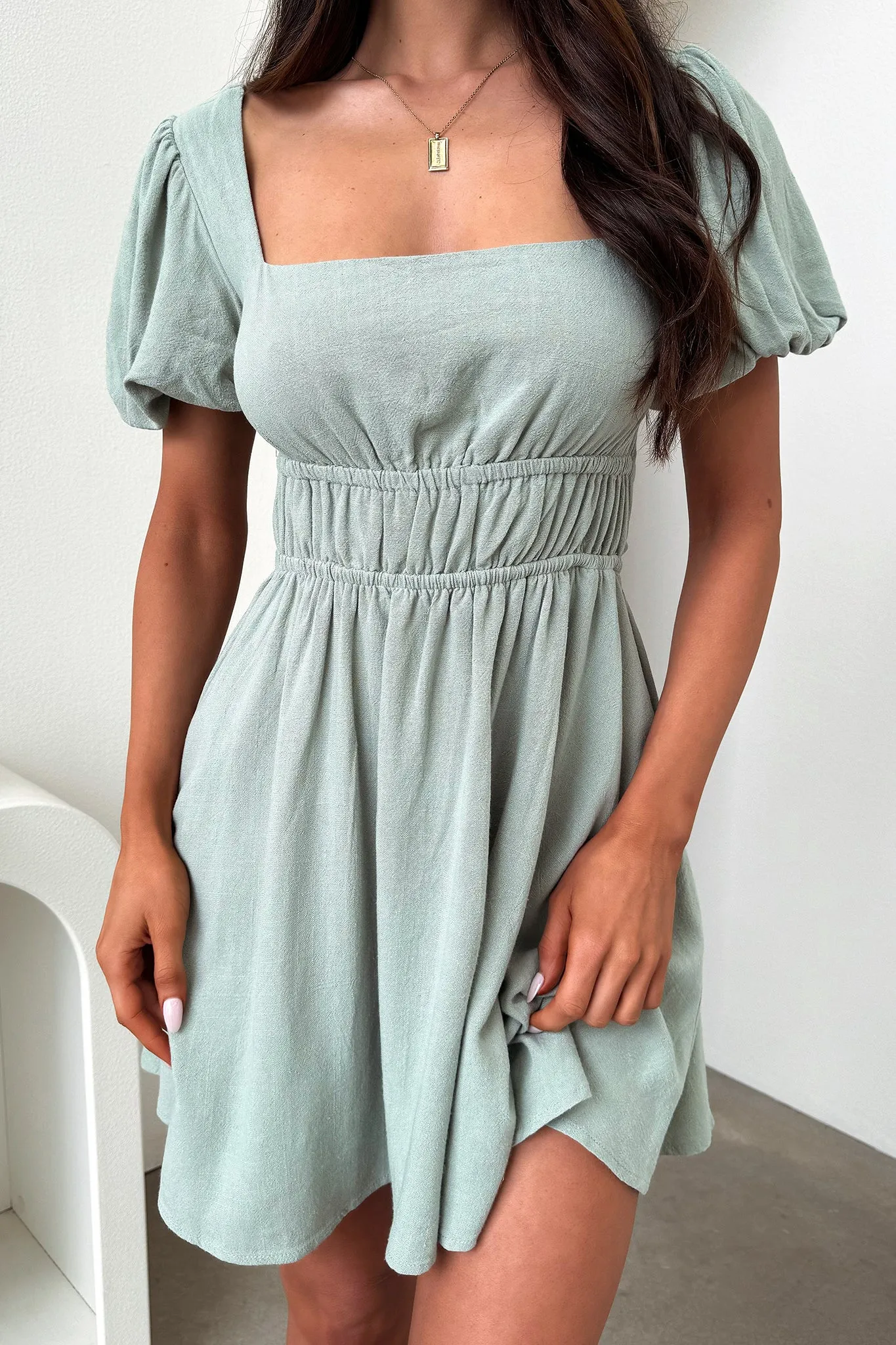 Whitney Square Neck Mini Dress - Sage