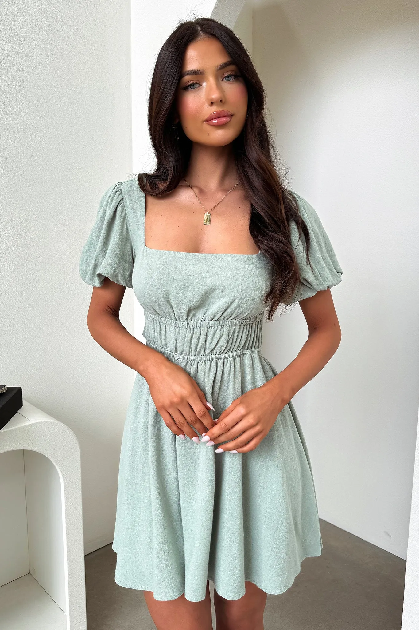 Whitney Square Neck Mini Dress - Sage