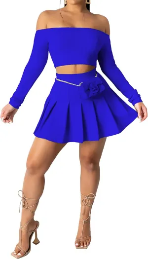Women 2 Piece Outfits Tennis Golf Skirt Sets Sexy Off Shoulder Crop Top Mini Skater Skorts Skirts Sports Suit Activewear