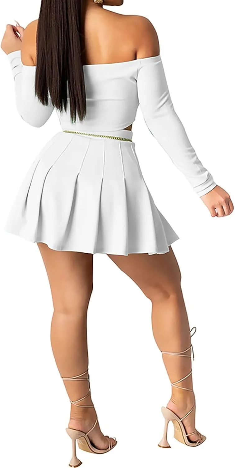 Women 2 Piece Outfits Tennis Golf Skirt Sets Sexy Off Shoulder Crop Top Mini Skater Skorts Skirts Sports Suit Activewear