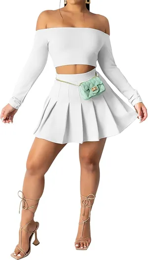 Women 2 Piece Outfits Tennis Golf Skirt Sets Sexy Off Shoulder Crop Top Mini Skater Skorts Skirts Sports Suit Activewear