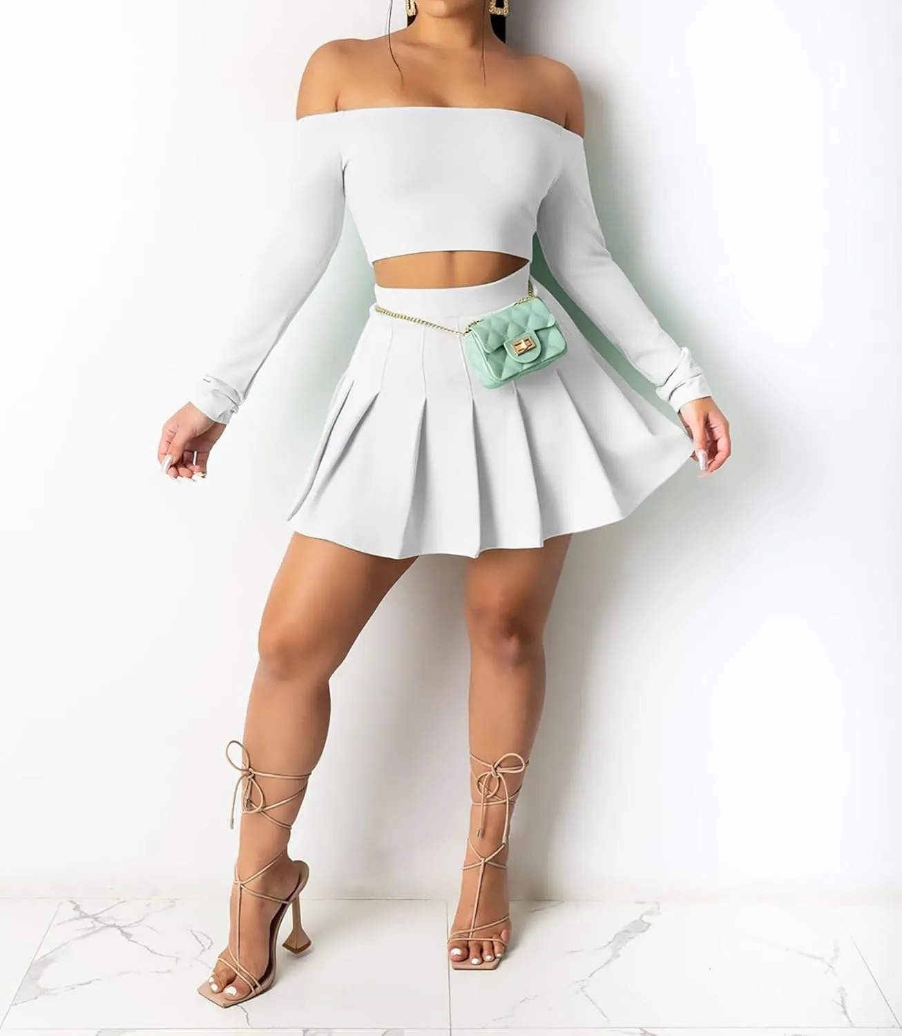 Women 2 Piece Outfits Tennis Golf Skirt Sets Sexy Off Shoulder Crop Top Mini Skater Skorts Skirts Sports Suit Activewear