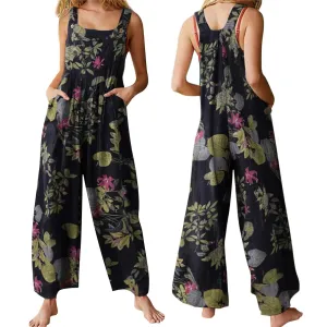 Women Jumpsuit Vintage Leaf Floral Print Square Neck Sleeveless Romper