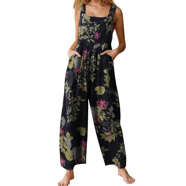 Women Jumpsuit Vintage Leaf Floral Print Square Neck Sleeveless Romper