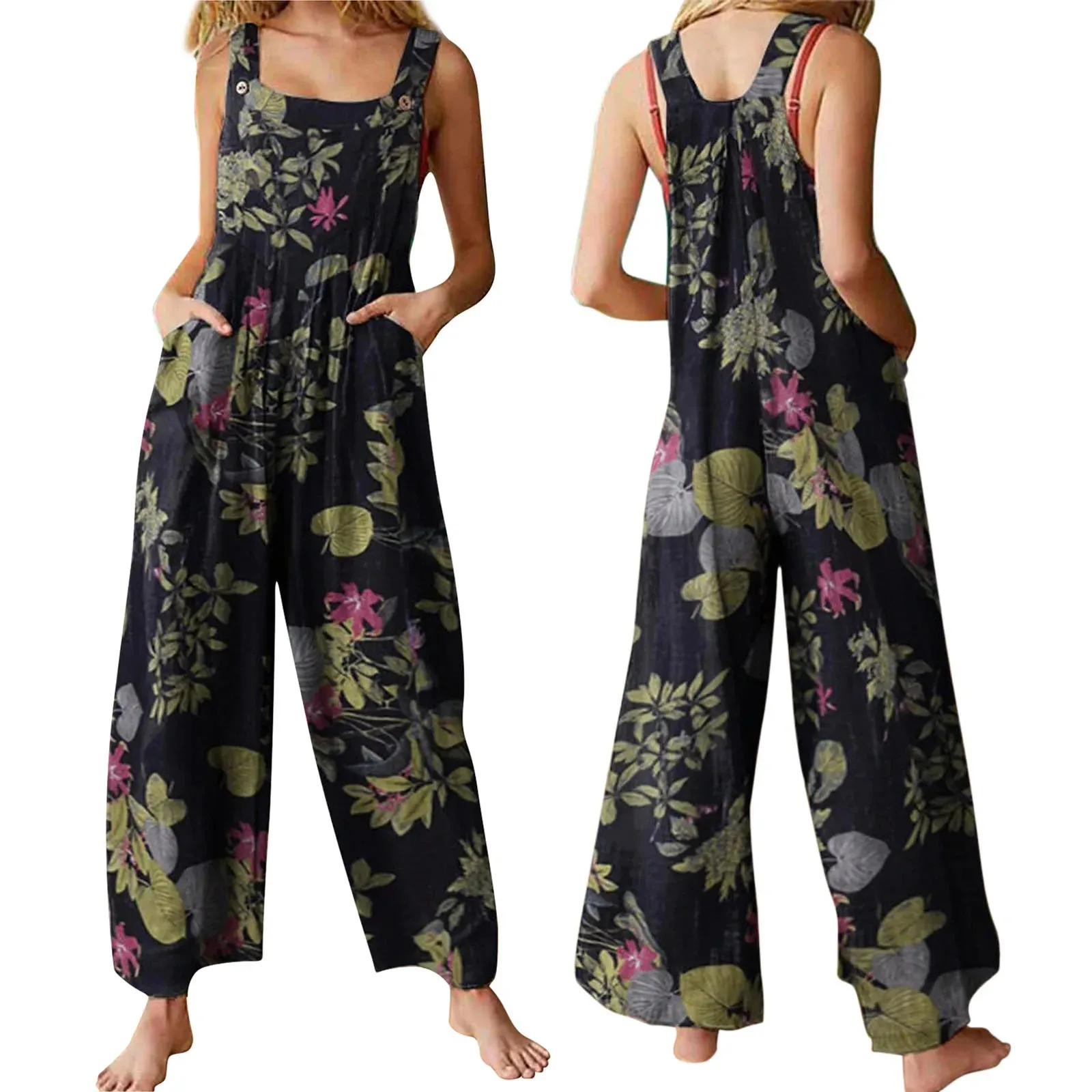 Women Jumpsuit Vintage Leaf Floral Print Square Neck Sleeveless Romper